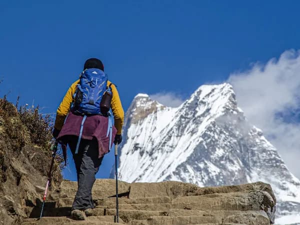 Backpacker carrying a blue backpack walking up stone steps toward the iconic snow-covered Machapuchare peak.