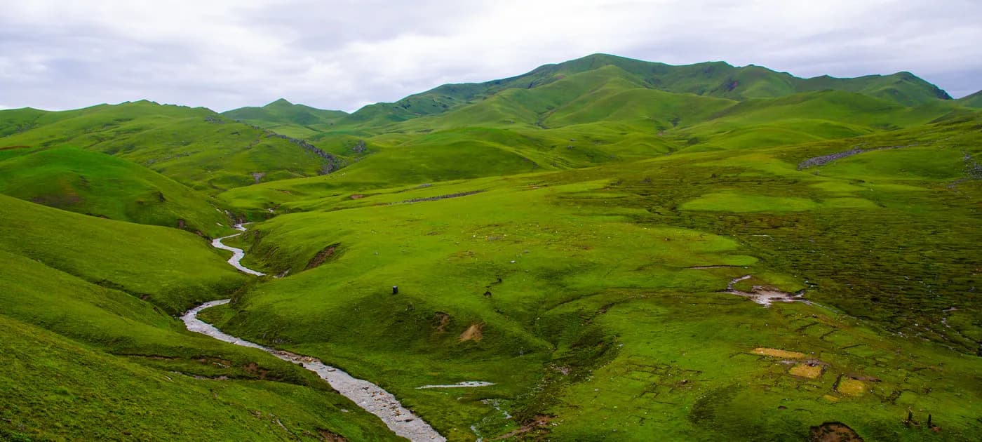 Panoramic view of vast green rolling alpine meadows with a winding stream running through the valley in Far-Western Nepal