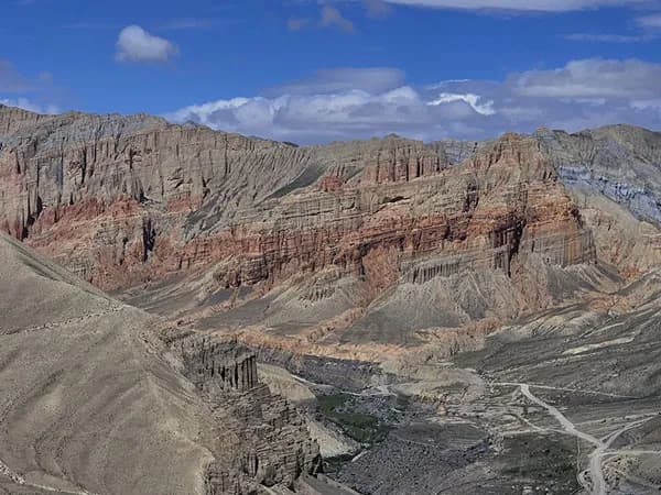 A high-angle vista showing dramatic, stratified red and ochre rock cliffs, deep canyons, and winding dirt tracks in the desert landscape of Upper Mustang under a blue sky