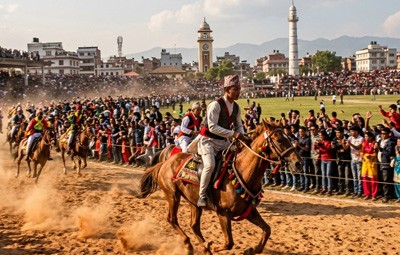 Nepal dressed man on horse ride and people around the ground