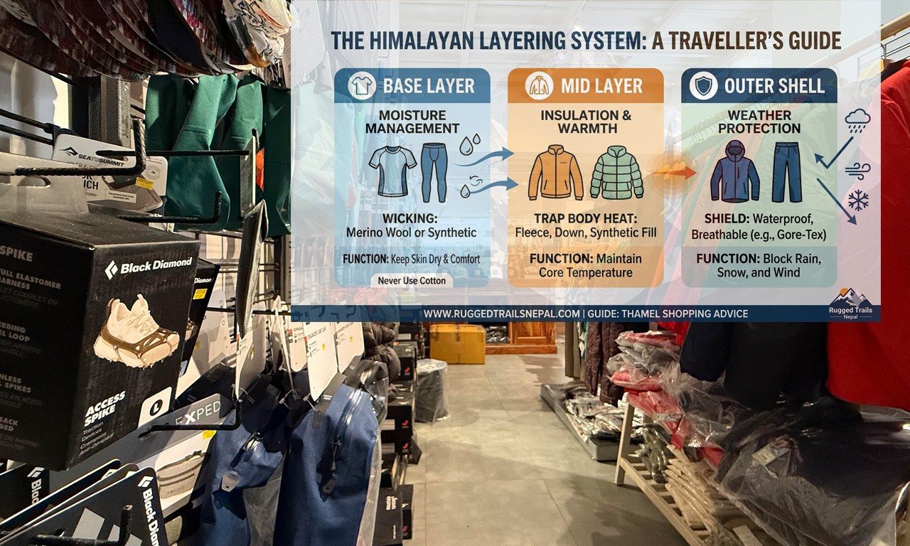 Infographic showing the Himalayan layering system including base, mid, and outer shell layers overlaid on a trekking gear shop interior in Kathmandu.
