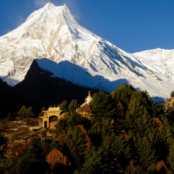 Mount Manaslu morning view from the Lho Village